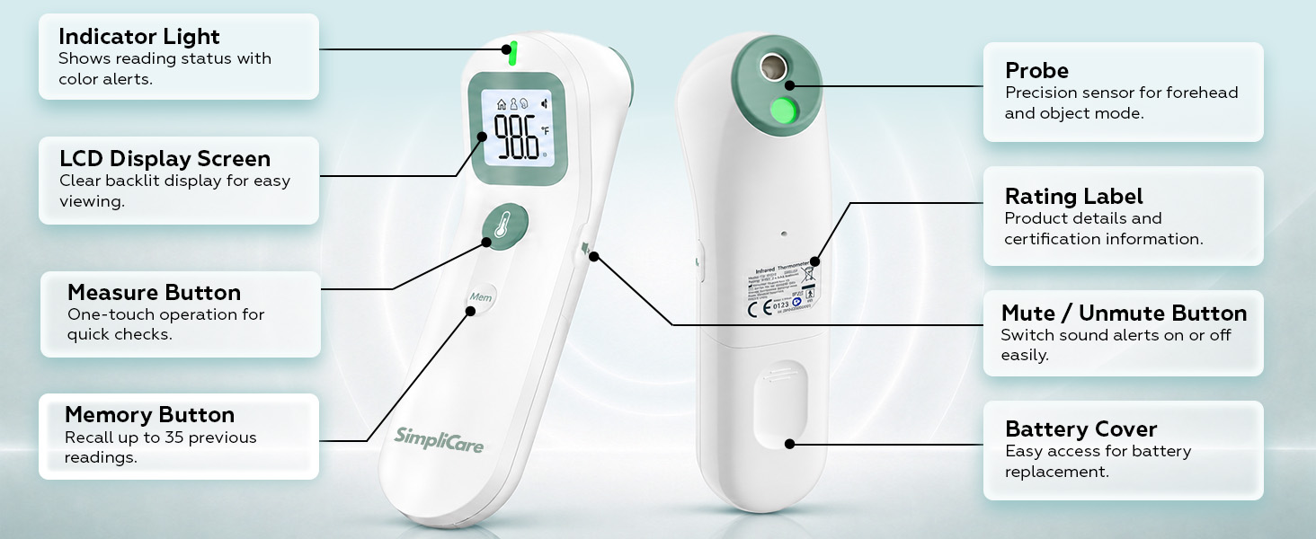 SimpliCare FC-IR206 infrared thermometer with forehead and object mode features