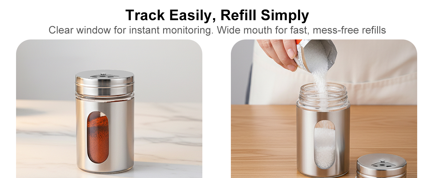 Clear window spice jar with wide mouth for easy refill and monitoring of seasoning levels.