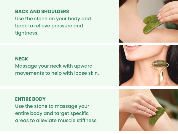 Plantifique Jade gua sha and roller used for body massage on shoulders and neck for tension relief