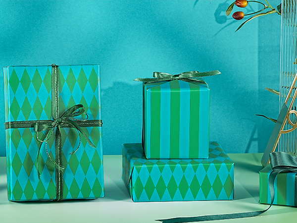 Green & Blue Stripes and Diamond Pattern Reversible Wrapping Paper