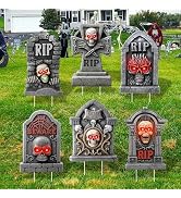 Arosche Halloween Decorations Outdoor Scary Skull Tombstone Yard Signs 6Pcs with Stakes Graveyard...