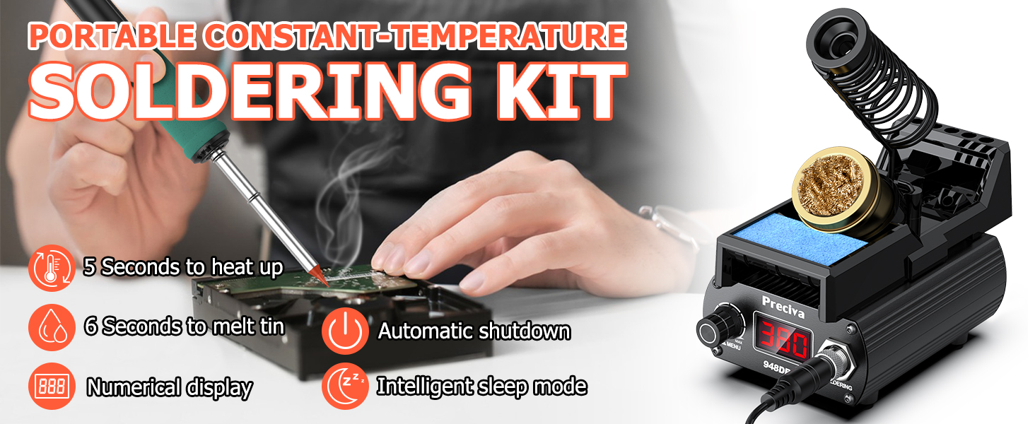 Portable soldering kit with temperature control, featuring automatic shutdown, numerical display, and intelligent sleep mode. Includes soldering iron and holder.