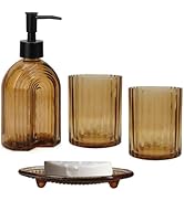 Amber Glass Accessories Set, 4PCS Bathroom Set Include 12oz Lotion Soap Dispenser, Toothbrush Hol...