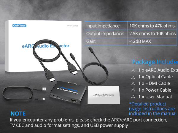CAMWAY eARC/ARC Audio Extractor - eARC/ARC to Optical RCA 3.5mm Adapter