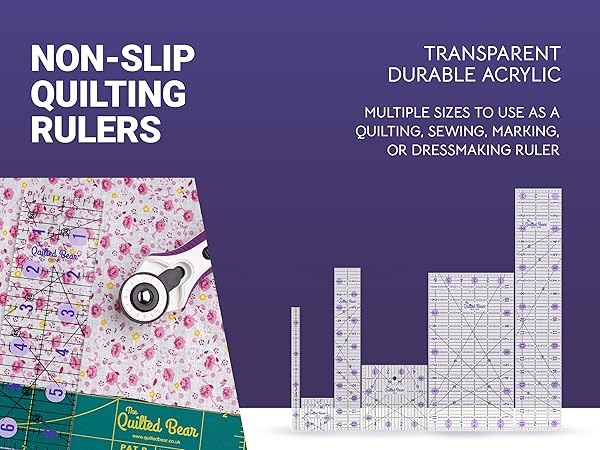 Transparent acrylic quilting rulers in multiple sizes. Features non-slip design for quilting, sewing, and dressmaking. Shown with fabric and rotary cutter for context.