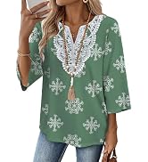 WIHOLL 3/4 Length Sleeve Womens Tops Boho V Neck Lace Shirt Trendy Blouses Dressy Casual Vacation...