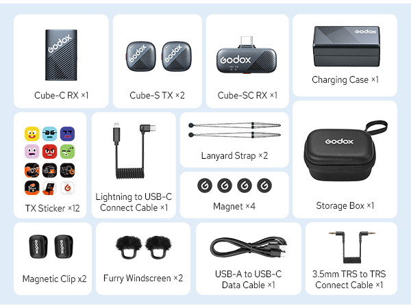Godox wireless microphone kit components: transmitters, receivers, charging case, storage box, cables, clips, windscreens, and accessories. Includes Cube-C RX, Cube-STX, Cube-SC RX, magnetic clips, and various connection cables.