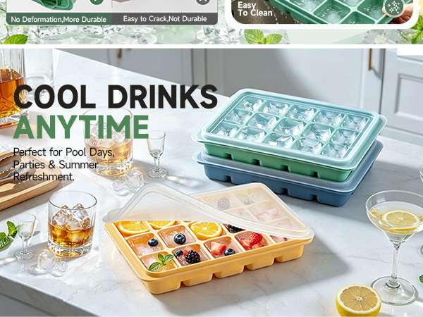Ice Cube Trays Set of 2, 15-Cube Silicone Molds with Removable Lids