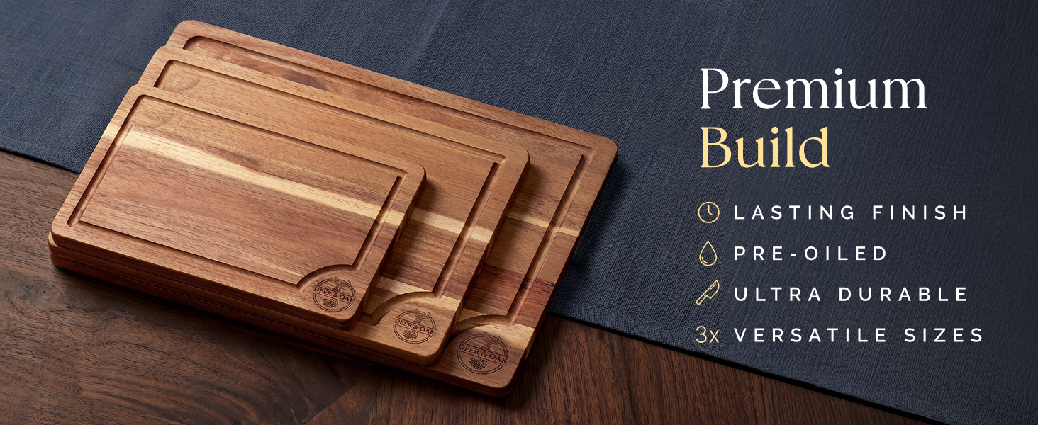 Acacia Cuttiing Board set in three sizes stacked on a kitchen surface, highlighting features