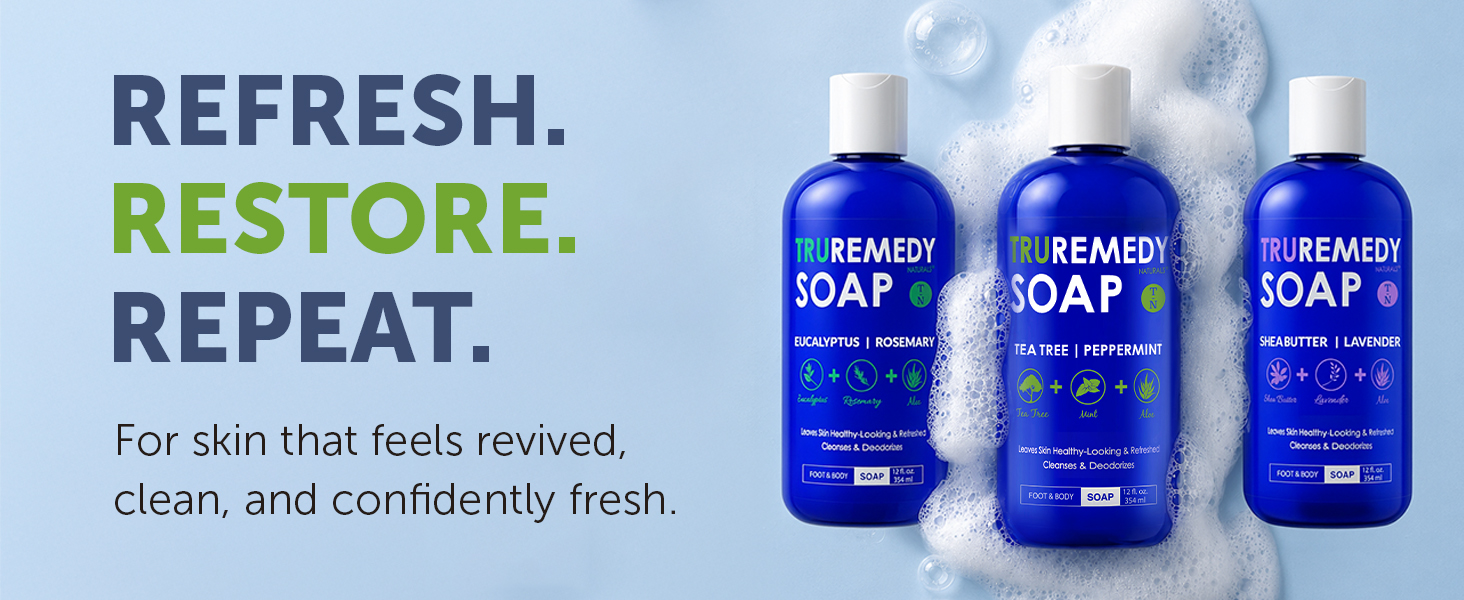 Truremedy three body wash bottles refresh restore repeat