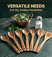 Kikcoin 8-Piece Natural Teak Wooden Utensil Set with 7 Metal Hooks, Non-Scratch Wooden Spoons for...