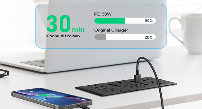 recessed power strip with 30W USB fast charging