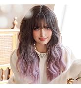 AIKO PRO Ombre Purple Wigs with Bangs, Purple Pink Long Wavy Wig for Women, Long Curly Synthetic ...