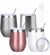 YEBTS Life 12oz/4 Pack Wine Tumbler Glasses with Lid Stemless Double Wall Vacuum Stainless Steel ...