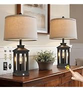 BOBOMOMO 23.75" Farmhouse Black Table Lamps Set of 2– Rustic Bedside Lamps with 3 Way Dimmable To...