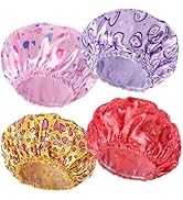 4 PCS Shower Cap for Women, Elastic and Reusable Bath Caps, Double Layers Shower Caps Reusable Wa...