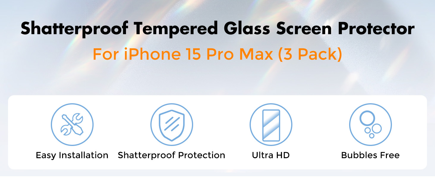 iPhone 15 Pro Max screen protector featuring easy installation, shatterproof protection, Ultra HD clarity, and bubble-free application, sold as 3-pack.