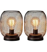 DECORKEY Set of 2 Battery Operated Lamp LED Table Lantern, Metal Cage Cordless Lamps with LED Bul...