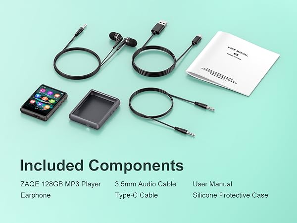 ZACE 128GB MP3 player set including device, earphones, USB cables, protective case, and user manual on mint green background.