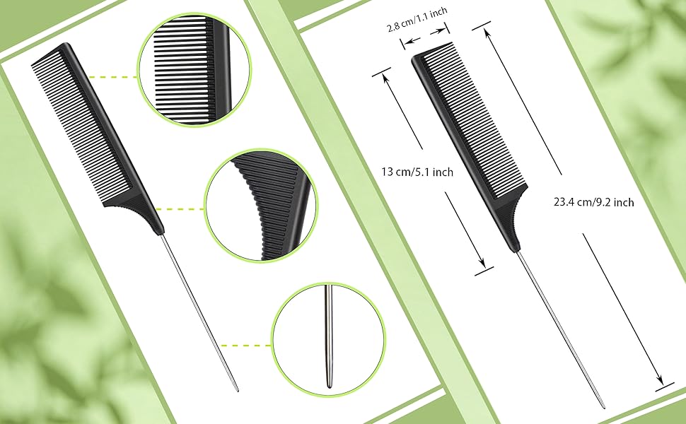 Technical diagram showing multiple views of a professional hair styling comb with measurements indicating dimensions of 23.4cm/9.2inch and detailed views of teeth spacing and handle design.