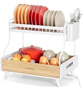 Urackify 2-Tier Dish Drying Rack – Large Capacity Dish Rack with Stainless Steel and Bamboo, Dish...