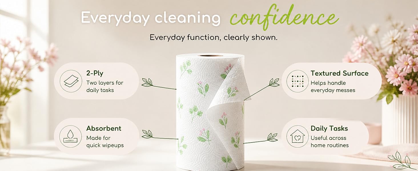 2-ply absorbent paper towel roll showing textured quilted surface for everyday spill cleanup