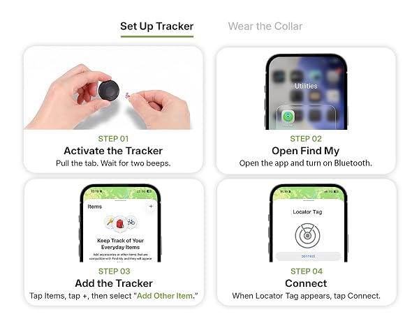 Four steps to pair the locator tag in the Apple Find My app pull the tab and connect