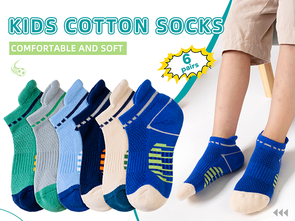Eyean Boys Athletic Half Cushioned Ankle Socks Kids Cotton Sport Low Cut Socks 6 Pairs