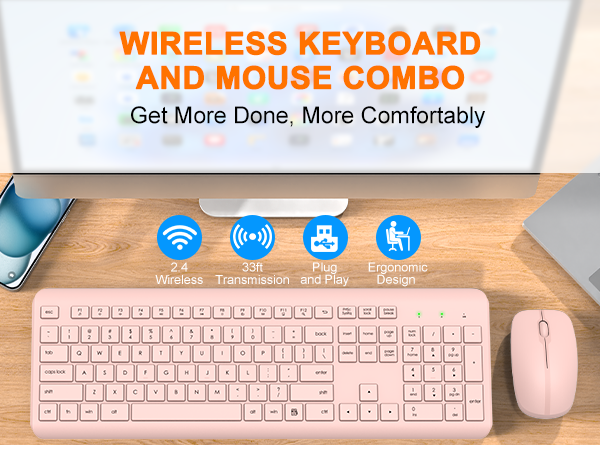 Wireless Keyboard and Mouse Combo, Full Size Silent Ergonomic Keyboard Mouse