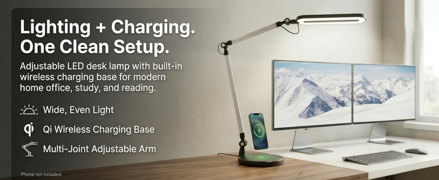 adjustable LED desk lamp with wireless charging base for home office desk setup