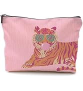 BILLAION Trendy Preppy Pink Tiger Makeup Bag, Gifts for Tigers Lovers Cosmetic Bags, Pink and Ora...