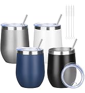 YEBTS Life 12oz/4 Pack Wine Tumbler Glasses with Lid Stemless Double Wall Vacuum Stainless Steel ...