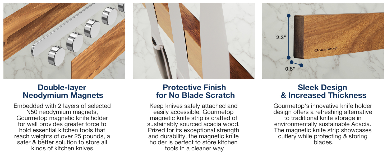 Magnetic knife strip shows acacia wood layer, N50 magnet core, optimized thickness for knife storage