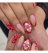 24Pcs Red French Tip Press on Nails Medium Almond Fake Nails with 3D Flower Gold Bead Designs Glo...