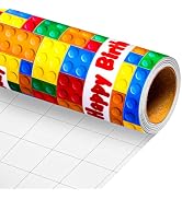 Burymento Building Blocks Birthday Wrapping Paper, 17in x 16.4ft,Mini Roll | Colorful Building Bl...