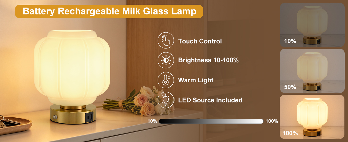 Rechargeable Table Lamp Cordless Milk Glass Bedside Lamp Small white and gold
