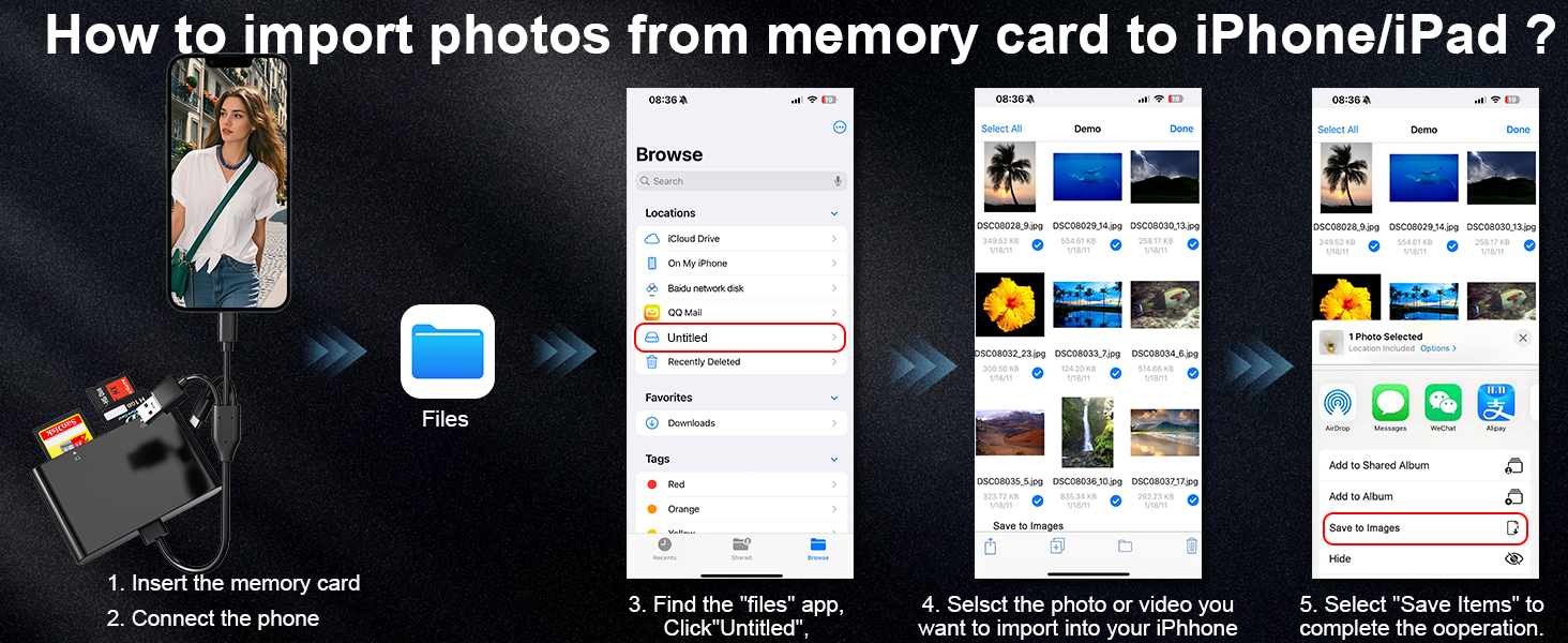 sd card reader for iphone, and how to import photos from memory card to iPhone