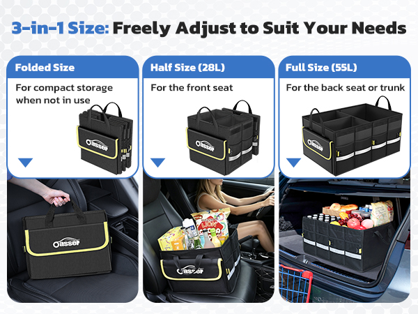 The trunk organizer can be fully unfolded, semi folded, or fully folded