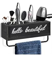 CusUnik Hair Dryer Holder Wall Mounted, Hair Tools and Styling Organizer with Towel Bar, Farmhous...