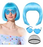 PLULON Light Blue Bob Wig with Heart Sunglasses and Hair Cap for Women, Short Bob Wigs Synthetic ...