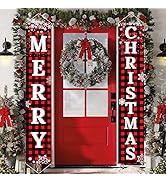 Ivenf Christmas Decorations Outdoor Yard Front Porch Sign Set, Red Black Buffalo Plaid Door Banne...