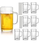 ZENFUN 8 Pack Heavy Large Beer Glasses, 14 Oz Glass Beer Mugs with Handle & Stainless Steel Straw...