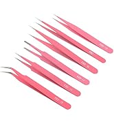 Pink Precision Tweezers 6PCS Set, Upgraded Anti-Static Stainless Steel Curved of Tweezers for Wom...
