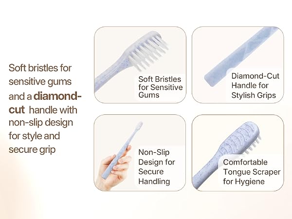 Soft bristle toothbrush with diamond-cut non-slip handle and tongue scraper for sensitive gums