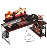 Mericonia Small L Shaped Computer Desk with Power Outlets, Reversible Gaming Desk with Storage Sh...