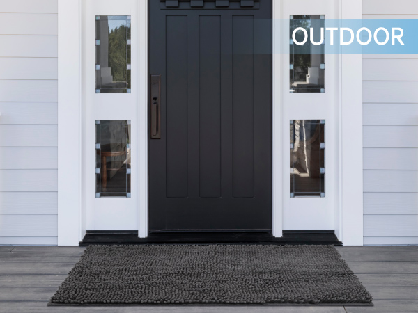 The chenille doormat is outdoors.