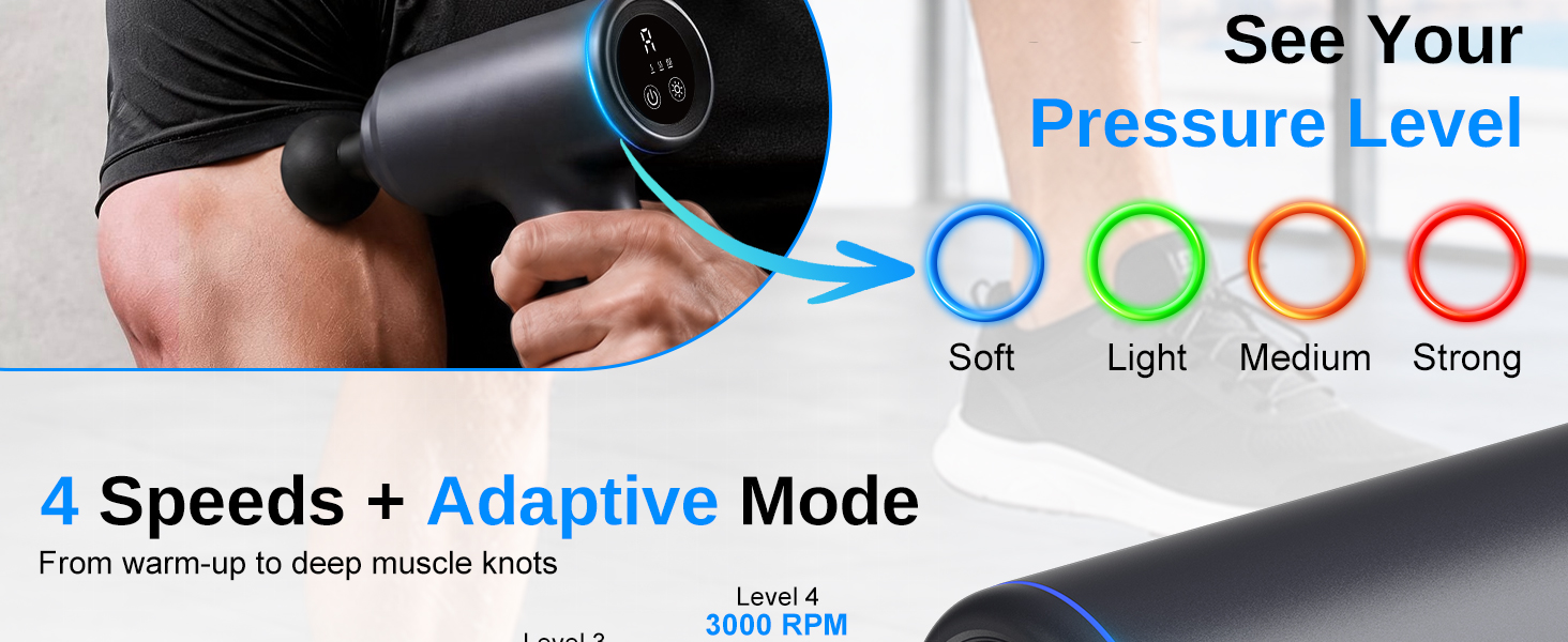 CM40H massager gun with 5 speed levels, 3 heat settings and 4 interchangeable heads for full body.