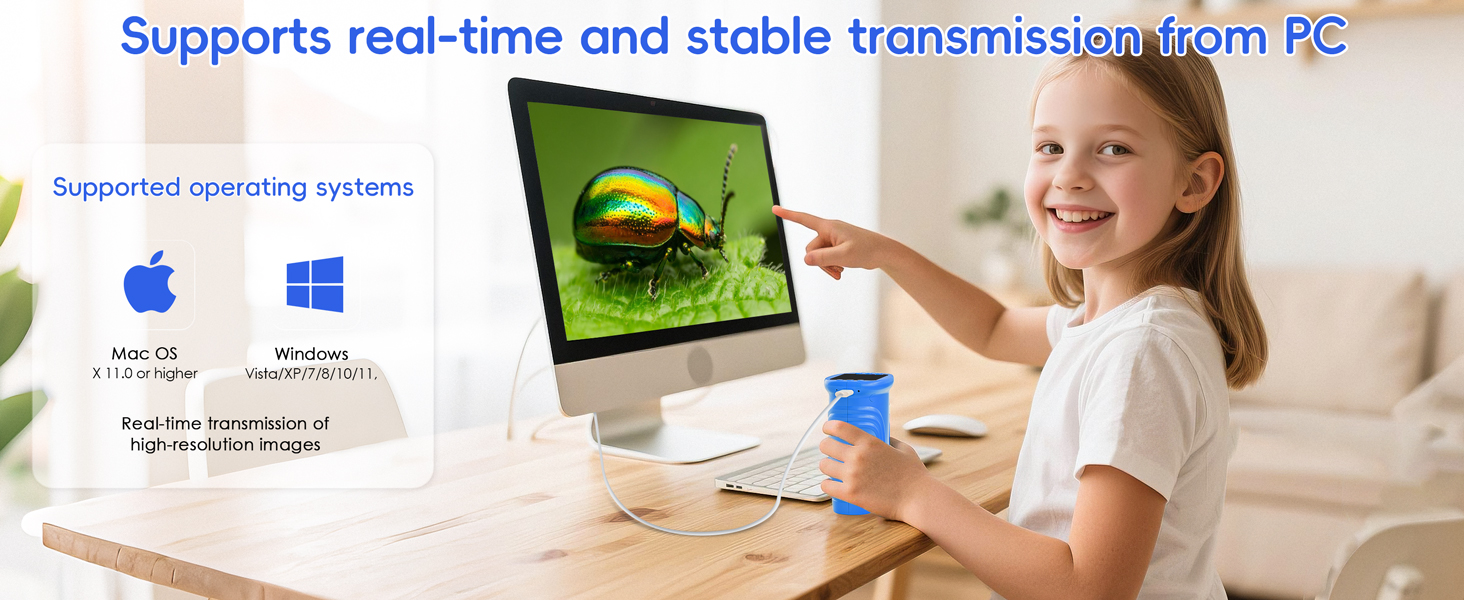 Text reads 'Supports real-time and stable transmission from PC'. Digital device interface showing compatibility icons for Apple and Windows systems.
