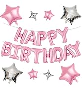 FunHot Happy Birthday Balloons Banner, Pink Happy Birthday Foil Balloons 16 Inch Mylar Foil Lette...