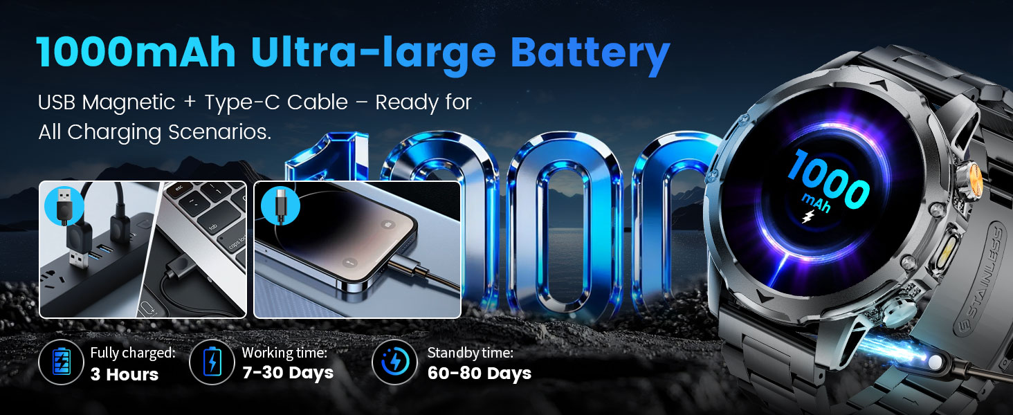 Text reads '1000mAh Ultra-large Battery'. Digital display showing charging status and battery information with blue illuminated interface elements.